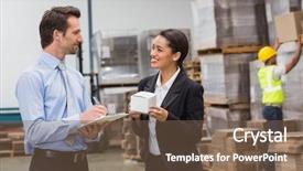  Presentation with freight transportation - Cool new presentation with freight transportation - smiling warehouse managers holding box backdrop and a violet colored foreground