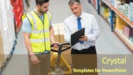  Presentation with warehouse - Slide deck having freight transportation - warehouse worker talking with his background and a tawny brown colored foreground