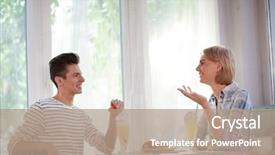  Presentation with new ideas - Presentation theme featuring freindly - happy young colleagues having discussion background and a coral colored foreground