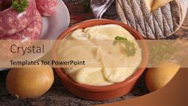  Presentation with potato - PPT theme featuring french aligot with cheese potato and sausage background and a coral colored foreground