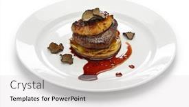  Presentation with foie - Audience pleasing slide deck consisting of french-beef-steak-dish backdrop and a light gray colored foreground