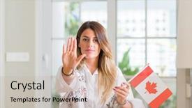  Presentation with canada flag - Audience pleasing slides consisting of french canadian - young woman at home holding backdrop and a mint green colored foreground