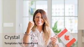  Presentation with canada flag - PPT layouts having french canadian - young woman at home holding background and a coral colored foreground