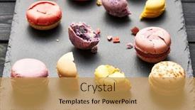  Presentation with dessert - Colorful PPT theme enhanced with french delicious dessert macaroons on table backdrop and a yellow colored foreground