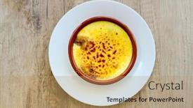  Presentation with creme caramel dessert - Colorful presentation theme enhanced with french-dessert-creme-brulee-ready backdrop and a coral colored foreground