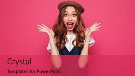  Presentation with pink and blue - Slide deck featuring french fashion - excited beautiful lady in hat background and a red colored foreground