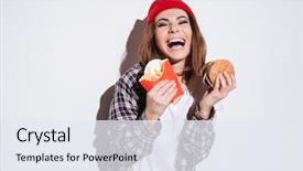  Presentation with burger fries - Colorful presentation design enhanced with french fashion - image of hungry laughing woman backdrop and a sky blue colored foreground