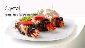  Presentation with eggplant - Presentation having french food - eggplant rolls stuffed with pepper background and a white colored foreground