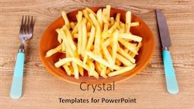  Presentation with cutlery - Theme featuring french fries on a plate and cutlery on a wooden background background and a coral colored foreground