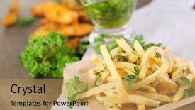  Presentation with tracing - Theme consisting of french fries on tracing paper on board on wooden table background and a yellow colored foreground
