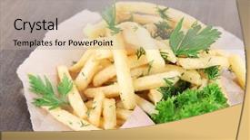  Presentation with tracing - PPT theme having french fries on tracing paper on wooden table background and a mint green colored foreground
