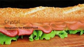  Presentation with chicken - Slide set having french long baguette with smoked chicken sausage on wood over black background and a gold colored foreground