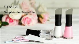  Presentation with nails manicure - Colorful PPT theme enhanced with french manicure set with white tip polish dividers and top coat shine applicator for nails on color wooden background backdrop and a soft green colored foreground