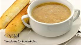  Presentation with onion - Beautiful theme featuring french onion soup in a white bowl with bread sticks backdrop and a coral colored foreground