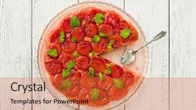  Presentation with french pastry - Colorful theme enhanced with french plum pastry - tarte tatin on wooden background backdrop and a red colored foreground