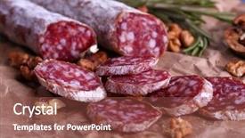  Presentation with craft - Presentation theme enhanced with french salami and walnuts on craft paper background background and a tawny brown colored foreground