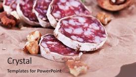  Presentation with craft - Theme featuring french salami and walnuts on craft paper background background and a coral colored foreground