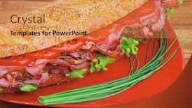  Presentation with white plate - Colorful slide deck enhanced with french sandwich fresh white baguette with chicken smoked sausage over red plate on wood backdrop and a coral colored foreground