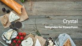  Presentation with snacks - Cool new slide deck with french snacks on a wooden table with space for text backdrop and a gray colored foreground