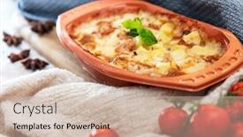  Presentation with recipe - Theme having french tartiflette recipe bacon potato and reblochon cheese gratin background and a soft green colored foreground