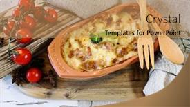  Presentation with recipe - PPT theme consisting of french-tartiflette-recipe-bacon-potato background and a coral colored foreground