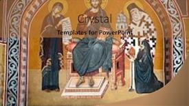  Presentation with tower - Theme consisting of fresco of belfry tower and radu voda monastery a romanian orthodox church in bucharest romania background and a coral colored foreground