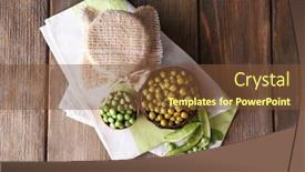  Presentation with peas - Audience pleasing slide deck consisting of fresh and canned peas in bowl and glass jar on napkin on wooden background backdrop and a tawny brown colored foreground