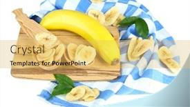  Presentation with banana - Colorful slide deck enhanced with fresh and dried banana slices on wooden board isolated on white backdrop and a yellow colored foreground