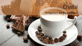  Presentation with coffee chocolate - Amazing slides having fresh and tasty croissants with chocolate and cup of coffee on wooden background backdrop and a coral colored foreground