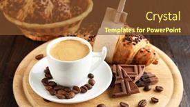  Presentation with coffee chocolate - Audience pleasing presentation theme consisting of fresh and tasty croissants with chocolate and cup of coffee on wooden background backdrop and a tawny brown colored foreground