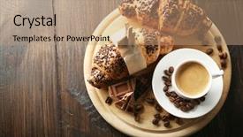  Presentation with coffee chocolate - Audience pleasing slide deck consisting of fresh and tasty croissants with chocolate and cup of coffee on wooden background backdrop and a coral colored foreground