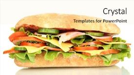  Presentation with sandwich - Presentation design consisting of young handsome man with muscular body and bare back posing outdoor on cloudy blue sky background with raised hands background and a teal colored foreground.