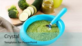  Presentation with baby food lebanese plaqts - Colorful slide deck enhanced with fresh baby food in bowl backdrop and a teal colored foreground