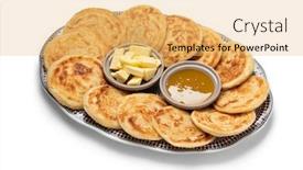 Presentation with white plate - Beautiful PPT theme featuring fresh-baked-meloui-moroccan-pancakes backdrop and a yellow colored foreground