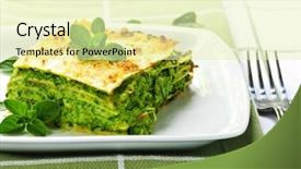  Presentation with food lasagna - Audience pleasing presentation consisting of fresh baked vegeterian spinach lasagna backdrop and a soft green colored foreground