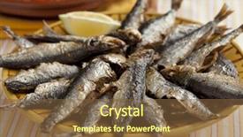  Presentation with sardines - Colorful presentation enhanced with fresh barbecued sardines on a dish backdrop and a tawny brown colored foreground