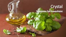  Presentation with olive oil - Amazing presentation theme having fresh basil leaves herb and olive oil on wooden background backdrop and a tawny brown colored foreground