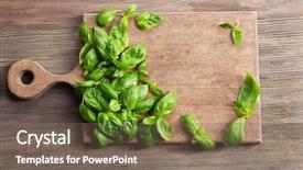  Presentation with tea leaves fresh green leaf - Presentation theme having fresh basil leaves on wooden background and a violet colored foreground