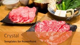  Presentation with shabu - PPT layouts having fresh beef and pork slices for shabu shabu and sukiyaki background and a gold colored foreground
