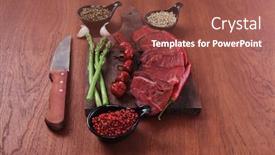  Presentation with cutlery - Beautiful theme featuring fresh beef meat asparagus greenery spices cutlery wooden table pepper crushed hot chili vegetables bowl served garlic cutting board backdrop and a tawny brown colored foreground