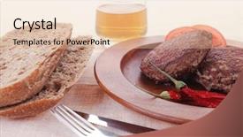  Presentation with bread bun - PPT layouts featuring fresh beef meat hamburger on wooden plate with cutlery and rye bread bun on tablecloth with whiskey shot background and a lemonade colored foreground