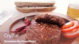  Presentation with bread bun - Cool new presentation design with fresh beef meat hamburger on wooden plate with cutlery and rye bread bun on tablecloth with whiskey shot backdrop and a red colored foreground