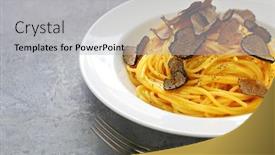  Presentation with pasta - Presentation with fresh-black-truffle-carbonara-pasta background and a light gray colored foreground