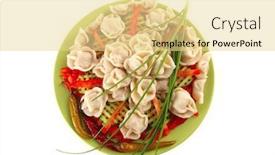  Presentation with fresh meat - Colorful slides enhanced with fresh boiled meat dumplings served with chives on green backdrop and a blonde colored foreground