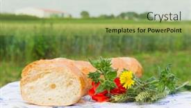  Presentation with ears - Presentation enhanced with fresh bread and grain ears near the fields outdoor background and a yellow colored foreground