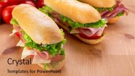  Presentation with turkey - PPT theme consisting of fresh bread subway - baguette sandwiches with ham turkey background and a coral colored foreground