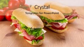  Presentation with three - Amazing PPT theme having fresh bread subway - three sub baguette sandwiches backdrop and a coral colored foreground