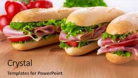  Presentation with lettuce - Beautiful presentation featuring fresh bread subway - three sub baguette sandwiches backdrop and a coral colored foreground