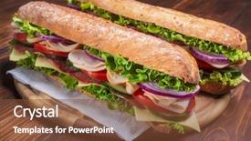  Presentation with turkey - Presentation theme enhanced with fresh bread subway - two baguette sandwiches with salami background and a tawny brown colored foreground