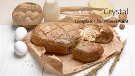  Presentation with white milk - Amazing slides having fresh bread with crispy crust butter and milk at white wooden board in rustic style top view copyspace backdrop and a coral colored foreground